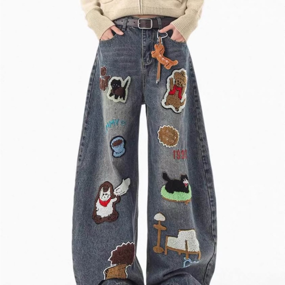 Wide Leg Embroidered Patch Denim Jeans - Multi Color - Picture 2 of 4